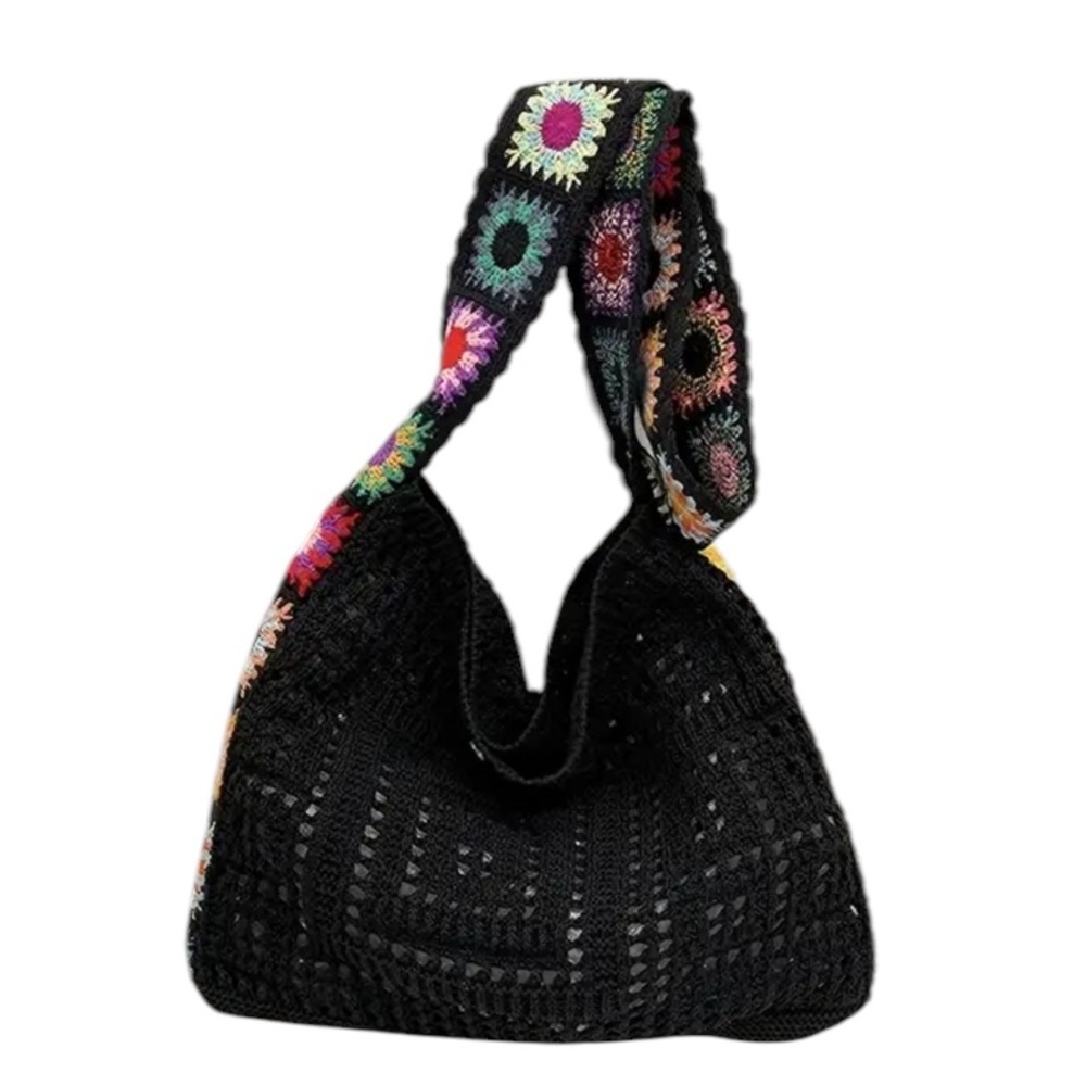 Black Crochet Shoulder Bag with Geometric Strap